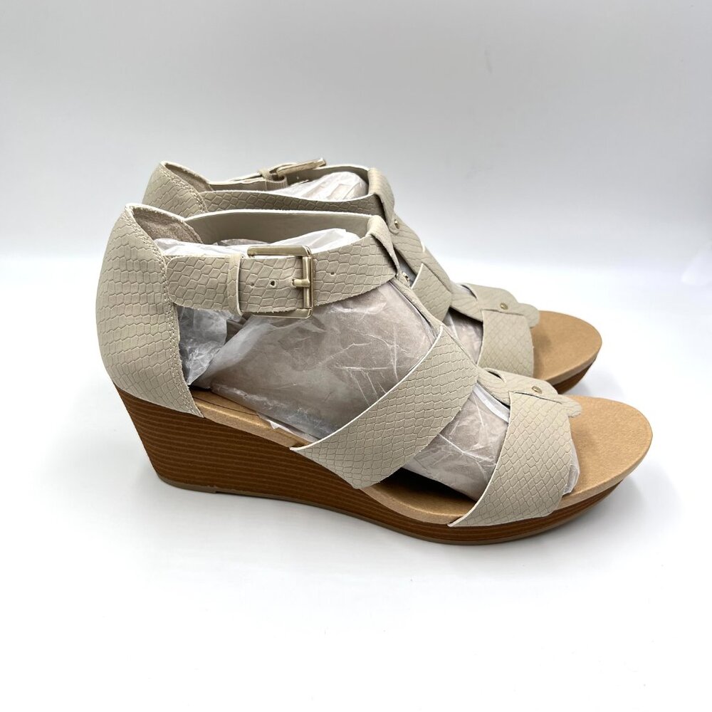 9.5W 9.5 WIDE WIDTH Dr‎ Scholls Beige Oatmeal Snakeskin Wedges Sandals Shoes